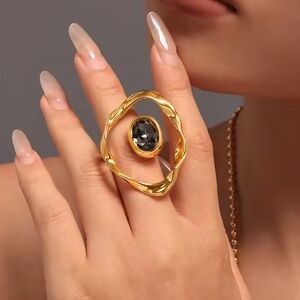 Gold Statement Ring with Black Gemstone - Women Jewelry